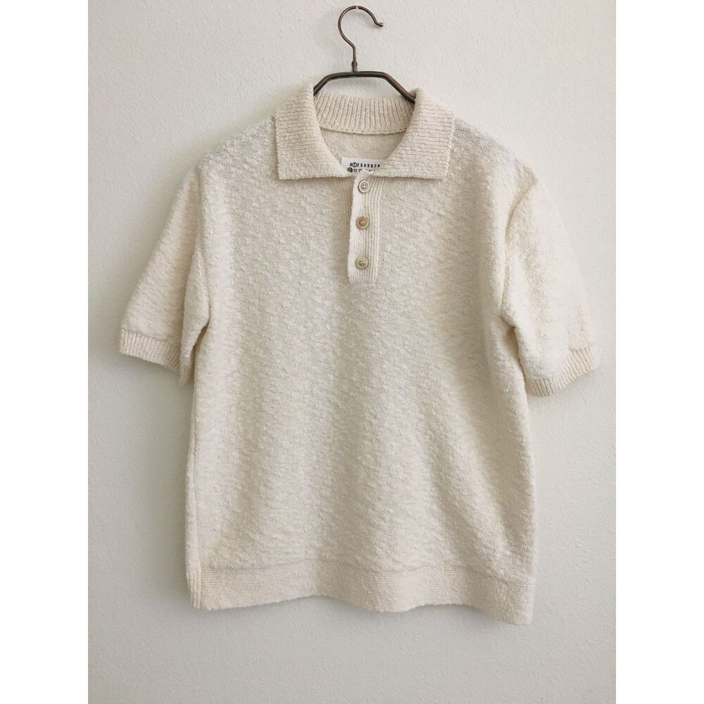 Maison Margiela S51GL0043 Womens S Ivory Boucle Knit Polo Shirt Short Sleeve